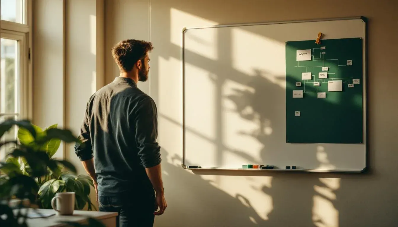 Developer standing at a whiteboard with a printed architecture diagram pinned to it in a Brisbane workspace, coffee mug visible on the nearby desk