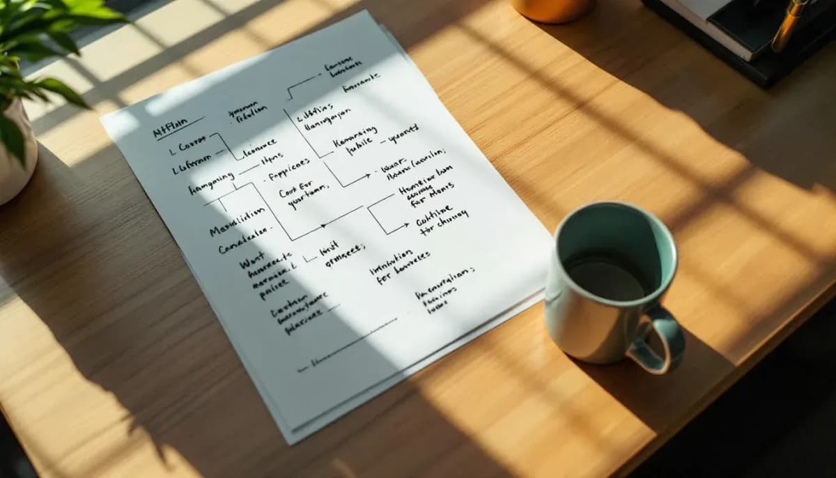A developer's desk with a printed agent architecture flowchart covered in handwritten annotations, viewed from over-the-shoulder in a Sydney coworking space