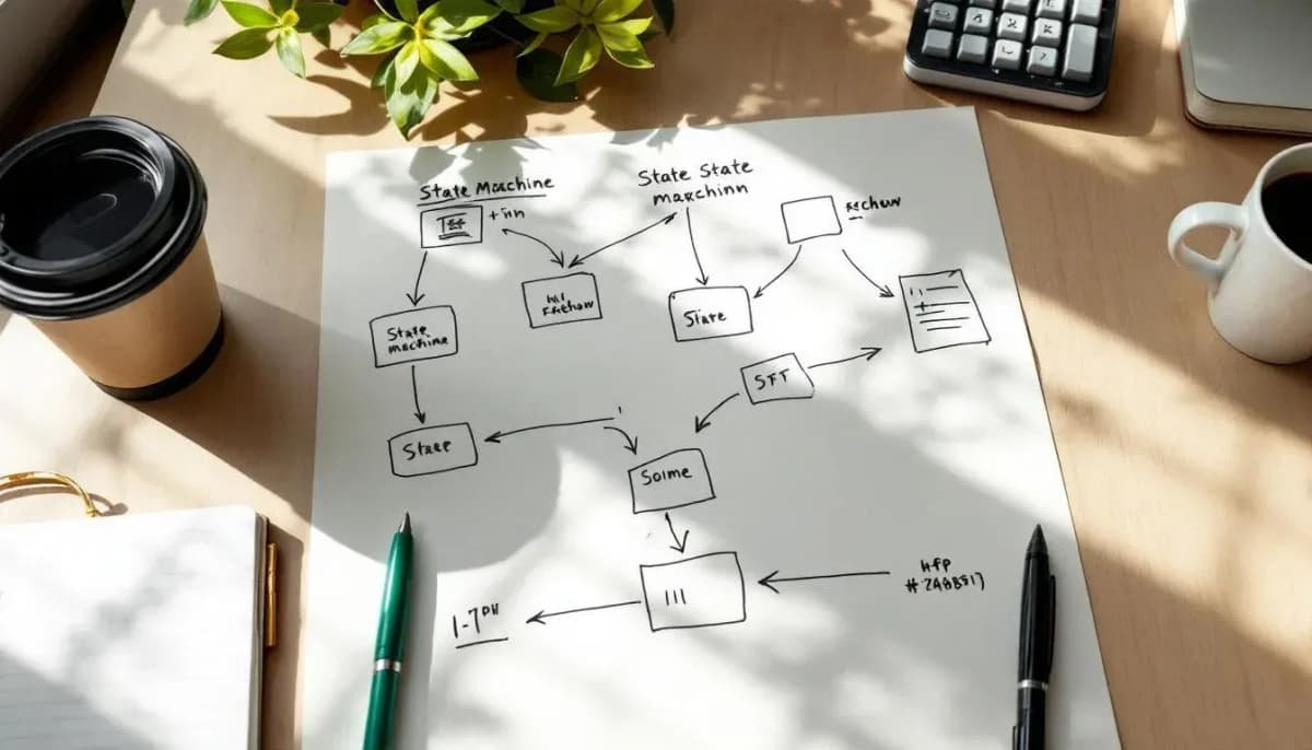 A developer's desk with a printed state-machine diagram and a takeaway coffee cup in a Sydney co-working space