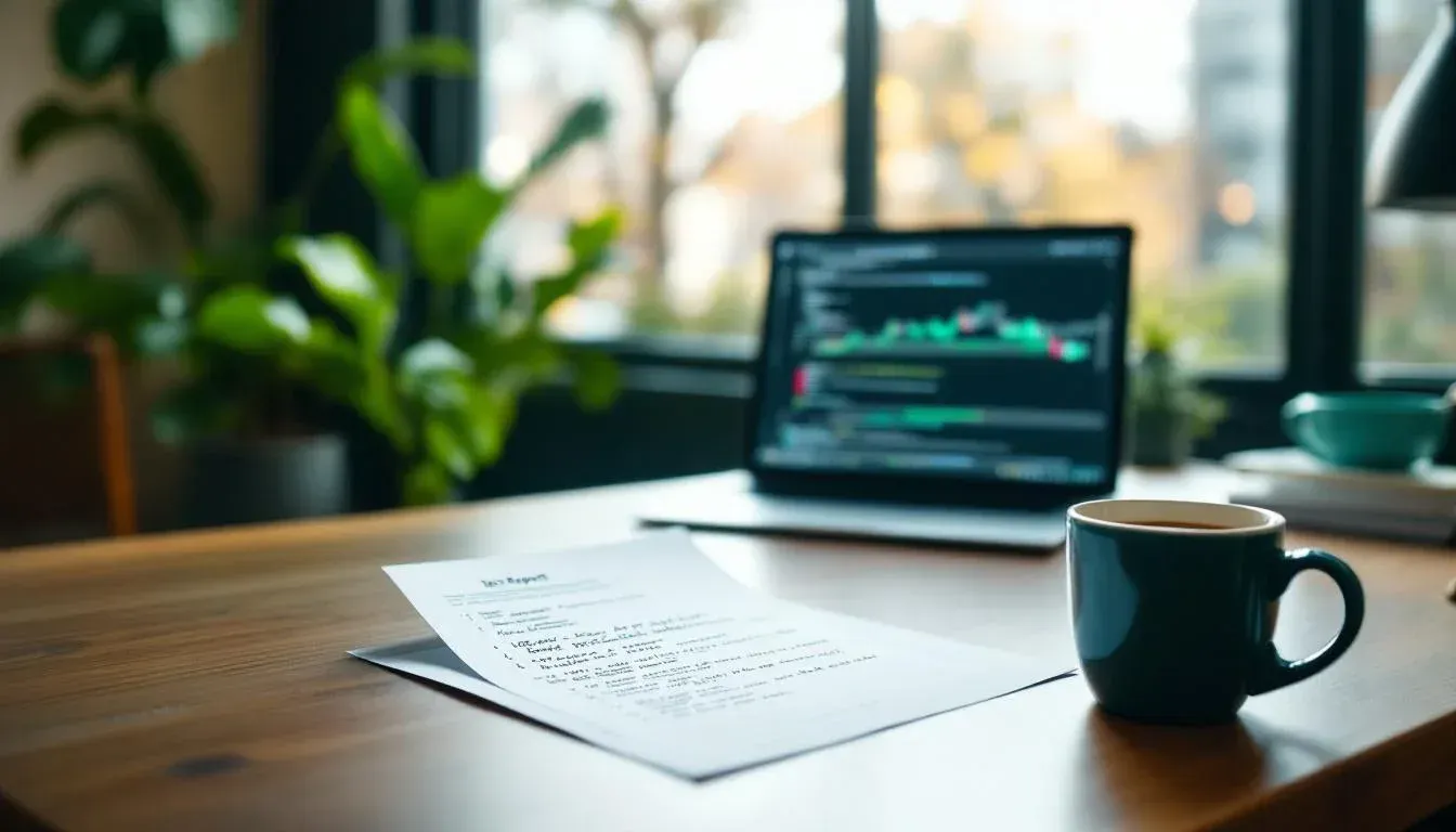 A developer standing at a shared workspace desk looking down at a printed test report with handwritten notes, a coffee mug beside it
