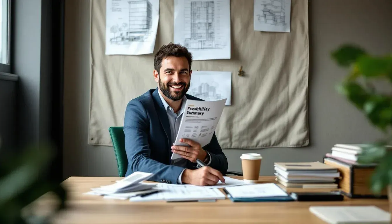 Development director reviewing a printed feasibility summary at a desk with site sketches pinned to the wall behind