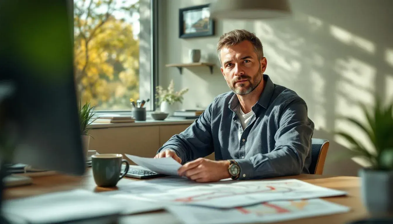 Geology manager reviewing printed assay tables and a geological cross-section at a Perth office desk
