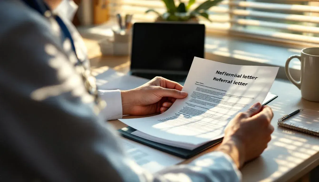 GP reviewing a printed referral letter at a suburban practice desk