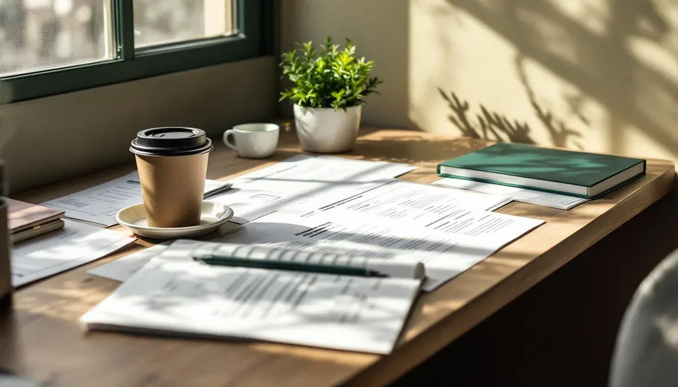 Marketing analyst's desk with printed ad copy sheets and a brand guidelines booklet in a Sydney shared workspace
