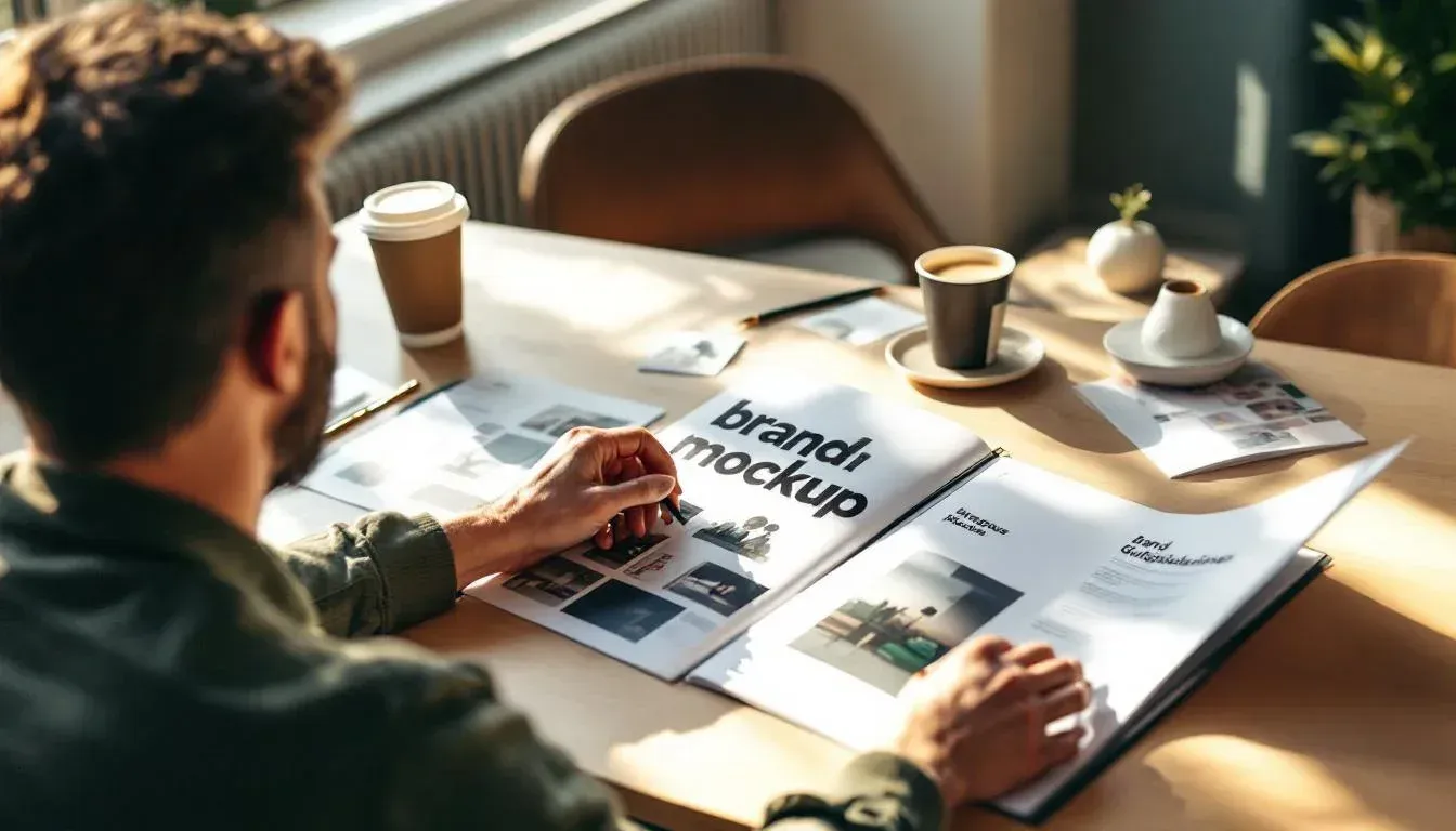 Marketing manager reviewing printed image mockups against a brand guidelines booklet at a Melbourne studio table