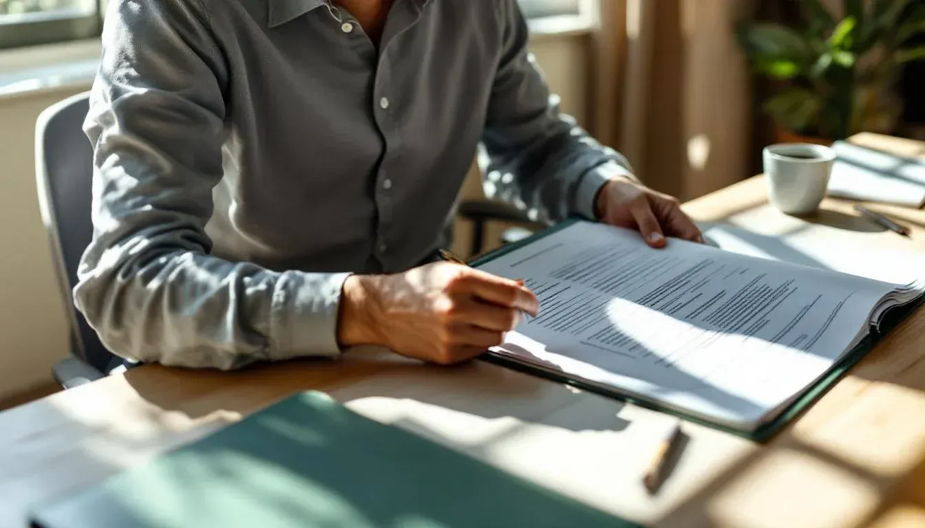 Insurance professional reviewing a printed broker submission at a desk with an open A4 binder and coffee mug