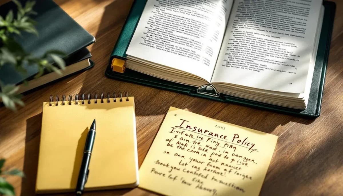 A law firm associate's desk with an open insurance policy binder and a legal notepad covered in handwritten annotations
