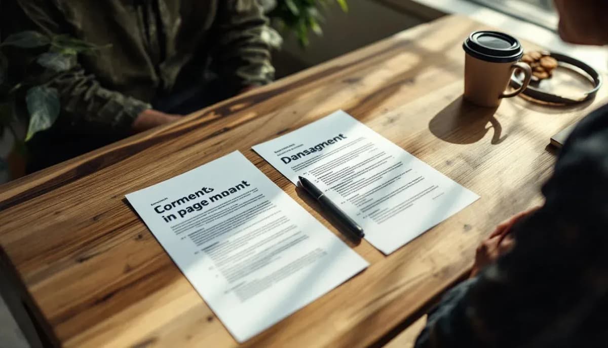 A person at a Sydney meeting-room table comparing two printed documents placed side by side