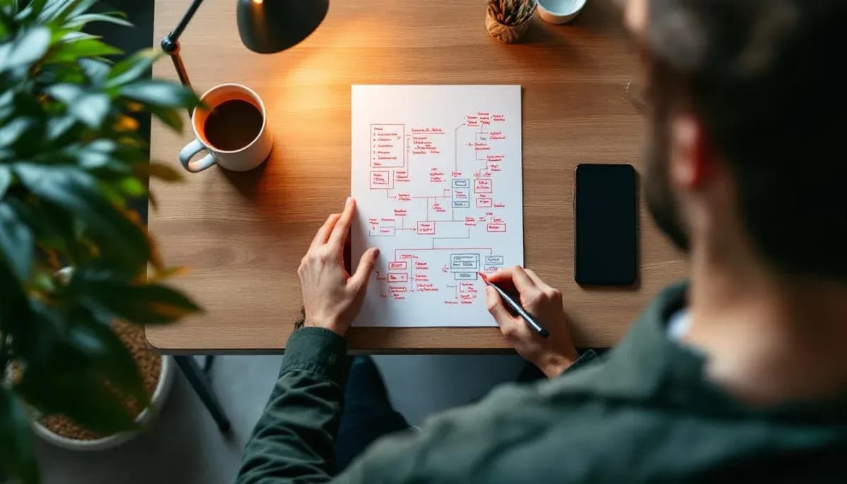 Person reviewing a printed architecture diagram with handwritten red pen notes at a standing desk in a Sydney office