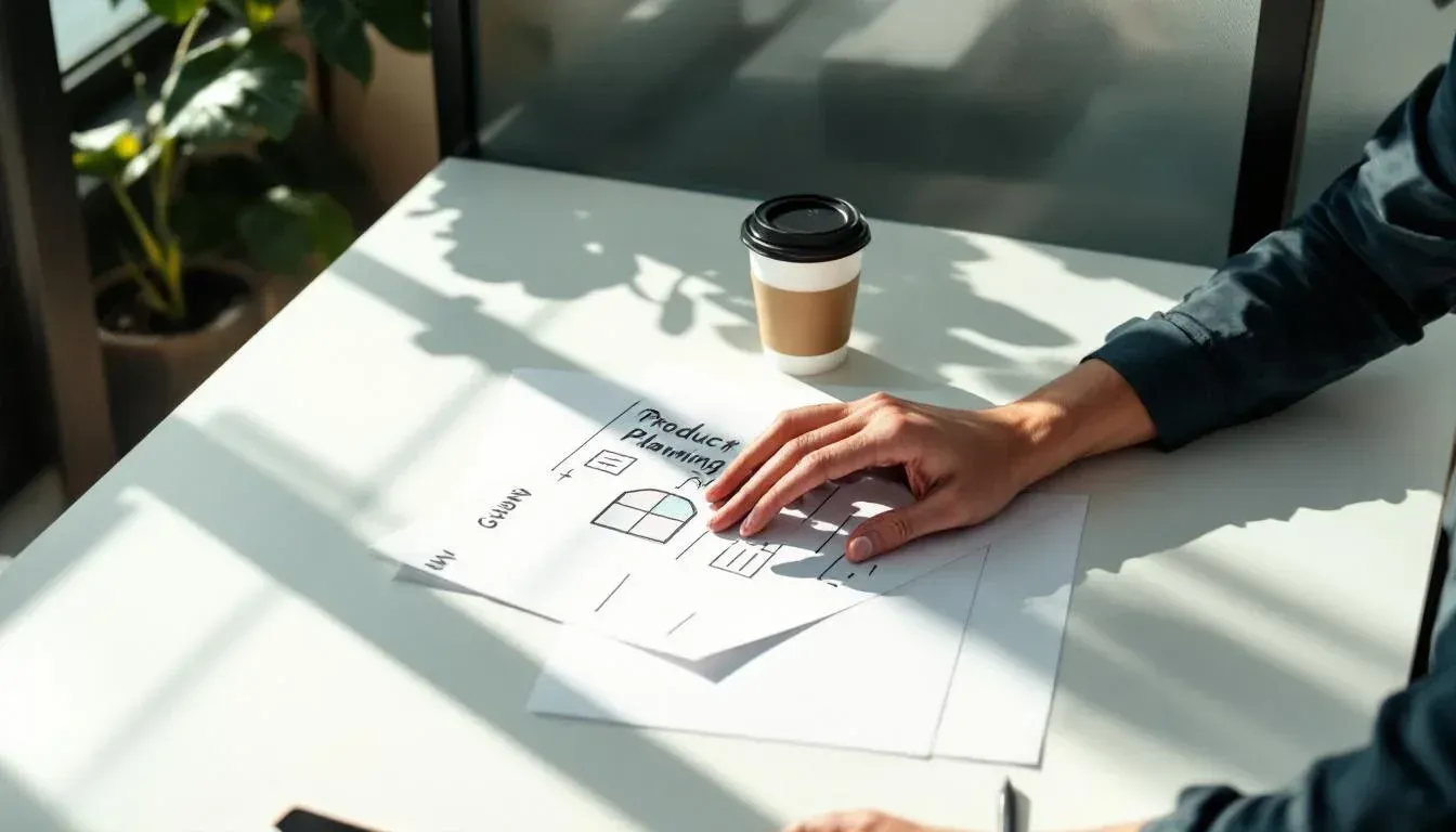 Person at a standing desk in a Sydney office reviewing printed product planning notes and a hand-drawn decision diagram