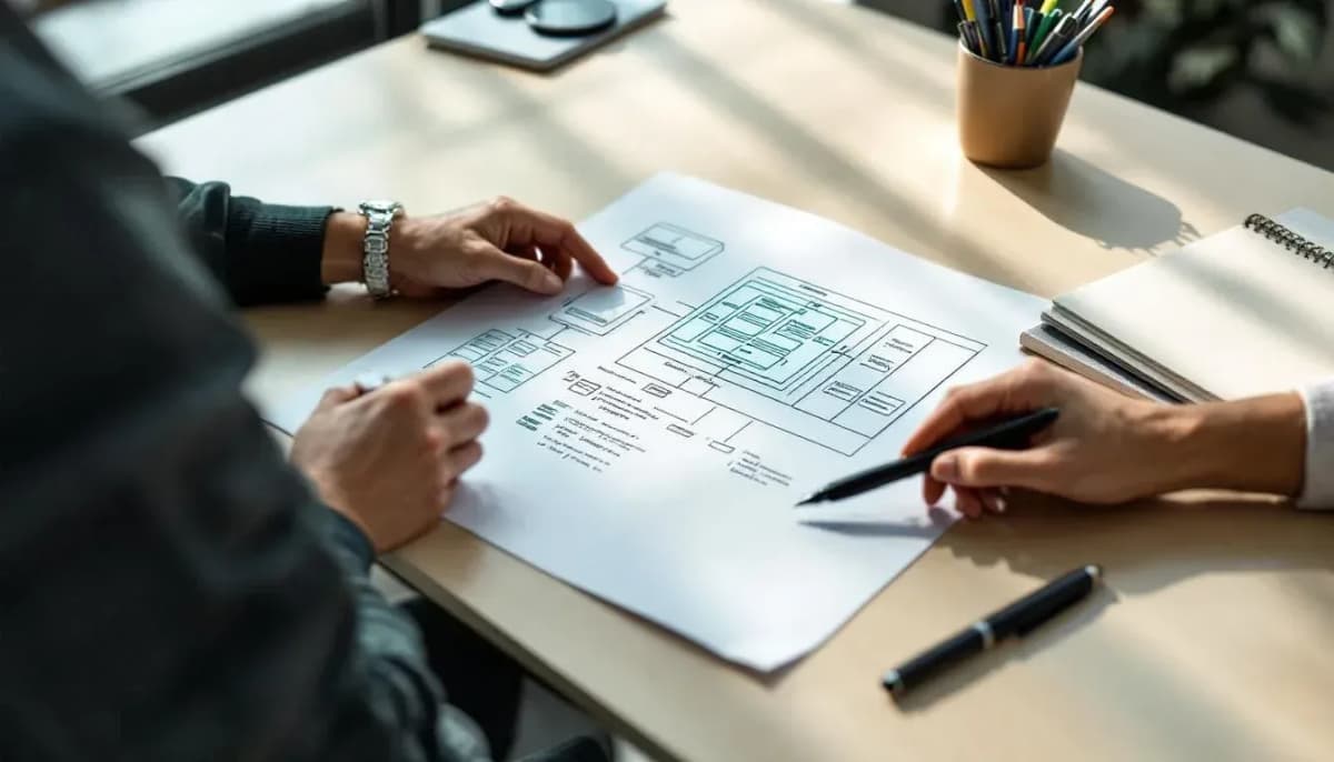 A person in a Sydney office reviewing a printed architecture diagram covered in handwritten annotations