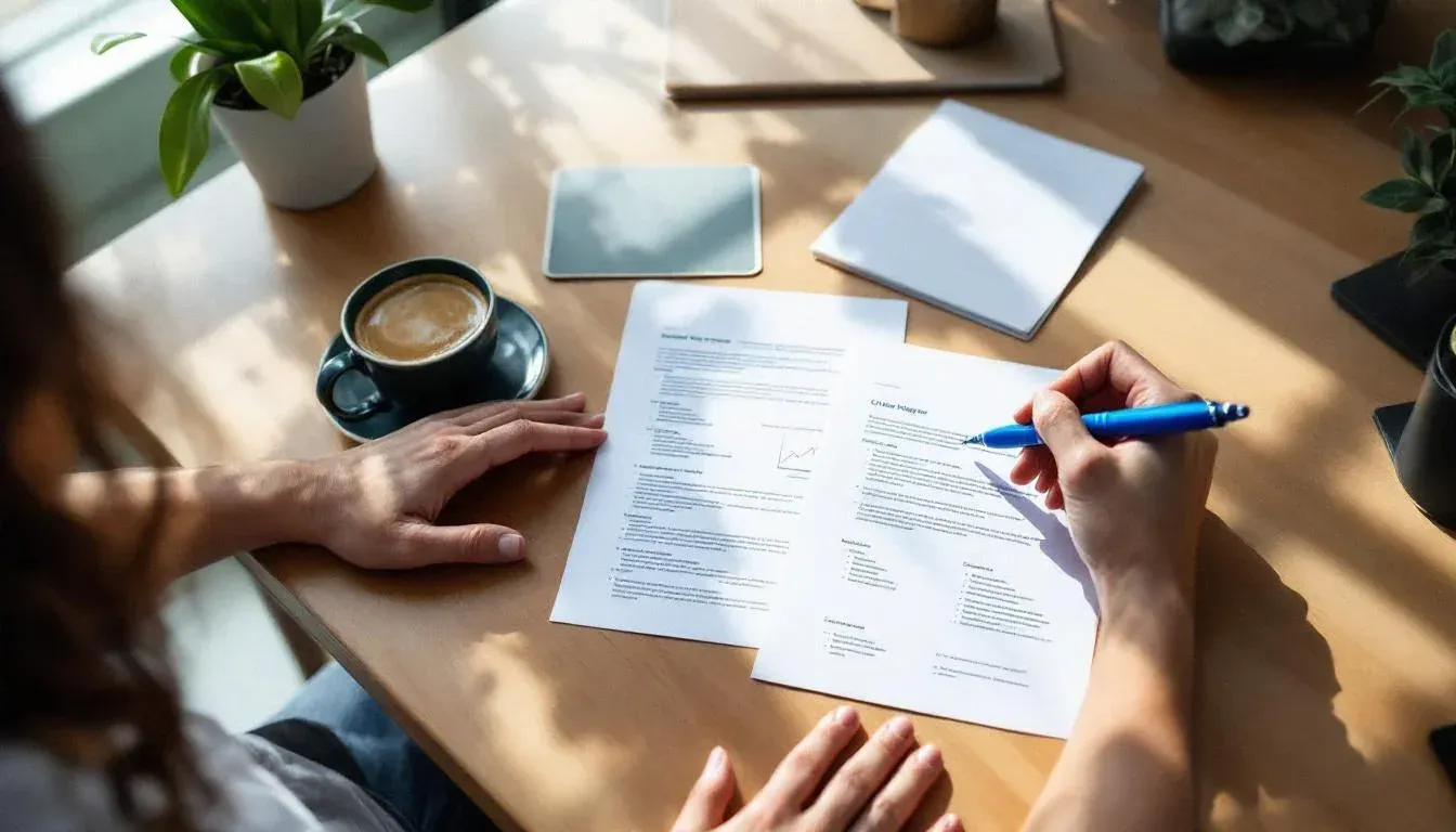 A person reviews printed one-pager documents spread on a timber desk, pen in hand for annotations, a takeaway coffee cup beside them