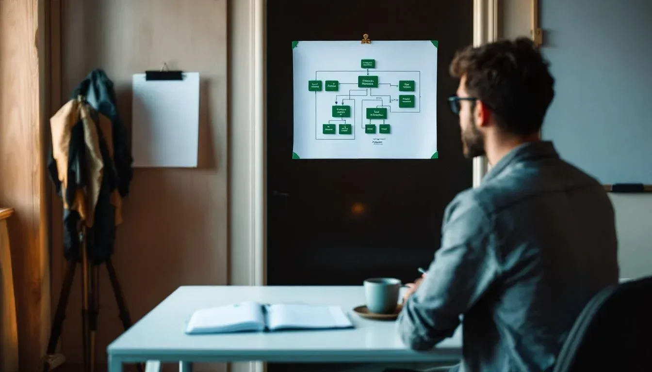 A person in a compact Sydney startup office reviewing a printed system architecture diagram pinned to the wall, with an open notebook and coffee mug on the desk