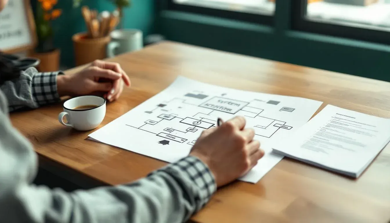 Person reviewing a hand-drawn system architecture diagram at a desk in a Sydney co-working space