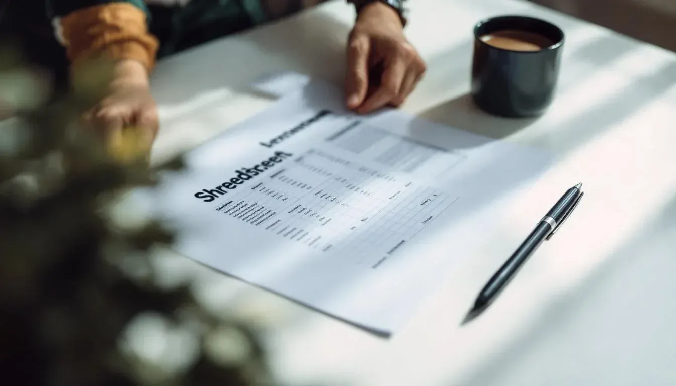 A person reviewing a printed spreadsheet at a tidy Sydney office desk with a coffee mug and pen beside the papers