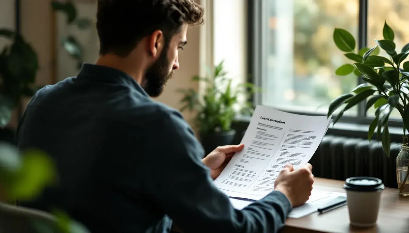 Person reviewing a printed comparison document at a desk in a shared office workspace