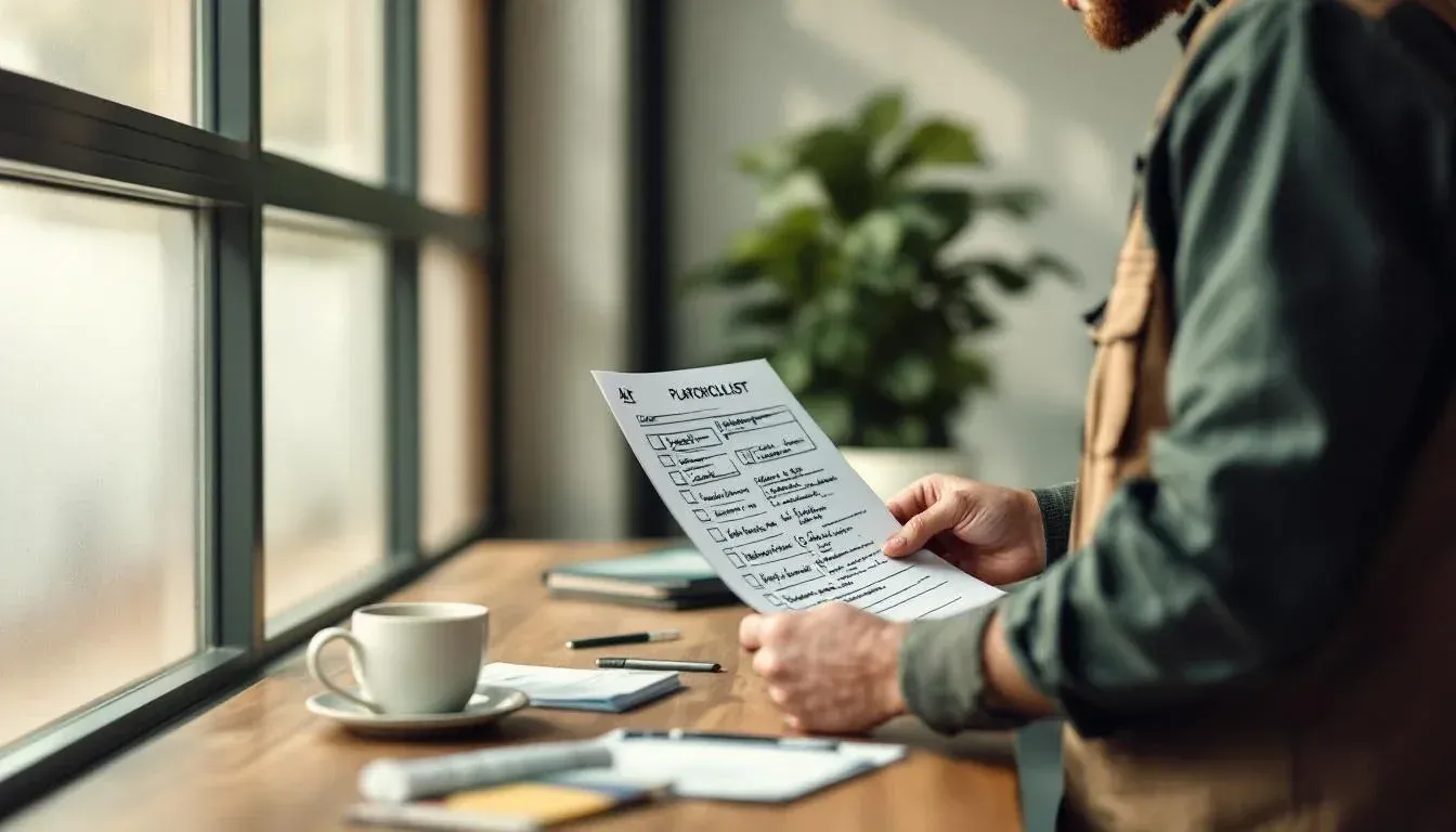Platform engineer at a standing desk reviewing a printed security checklist in a Sydney open-plan office