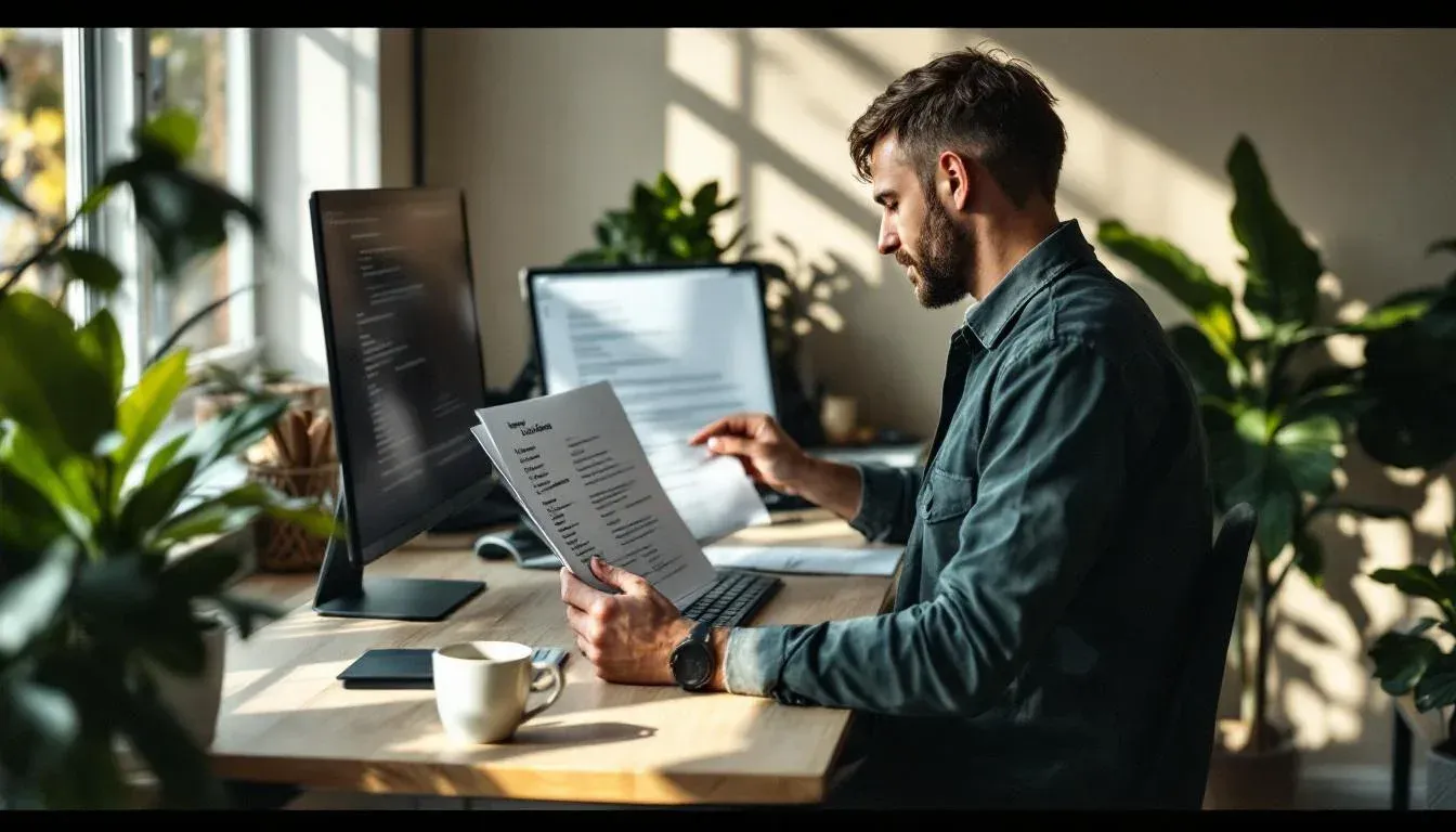 Platform engineer reviewing a printed Skill catalogue at a standing desk