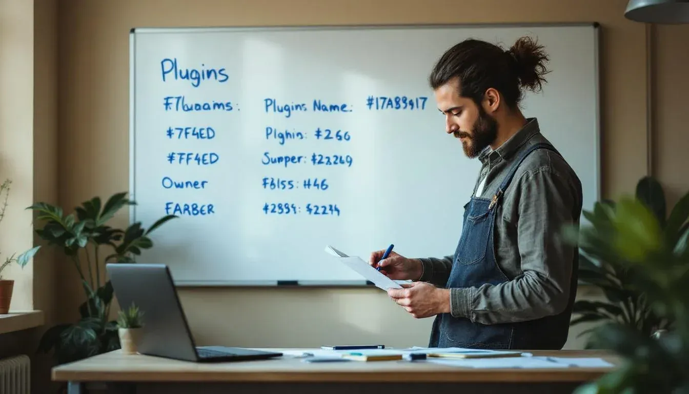 Platform engineer at a standing desk reviewing a printed plugin metrics report, whiteboard with plugin names visible in the background