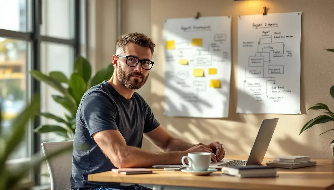 Platform engineer at a standing desk with a hand-drawn workflow diagram pinned to a partition behind them