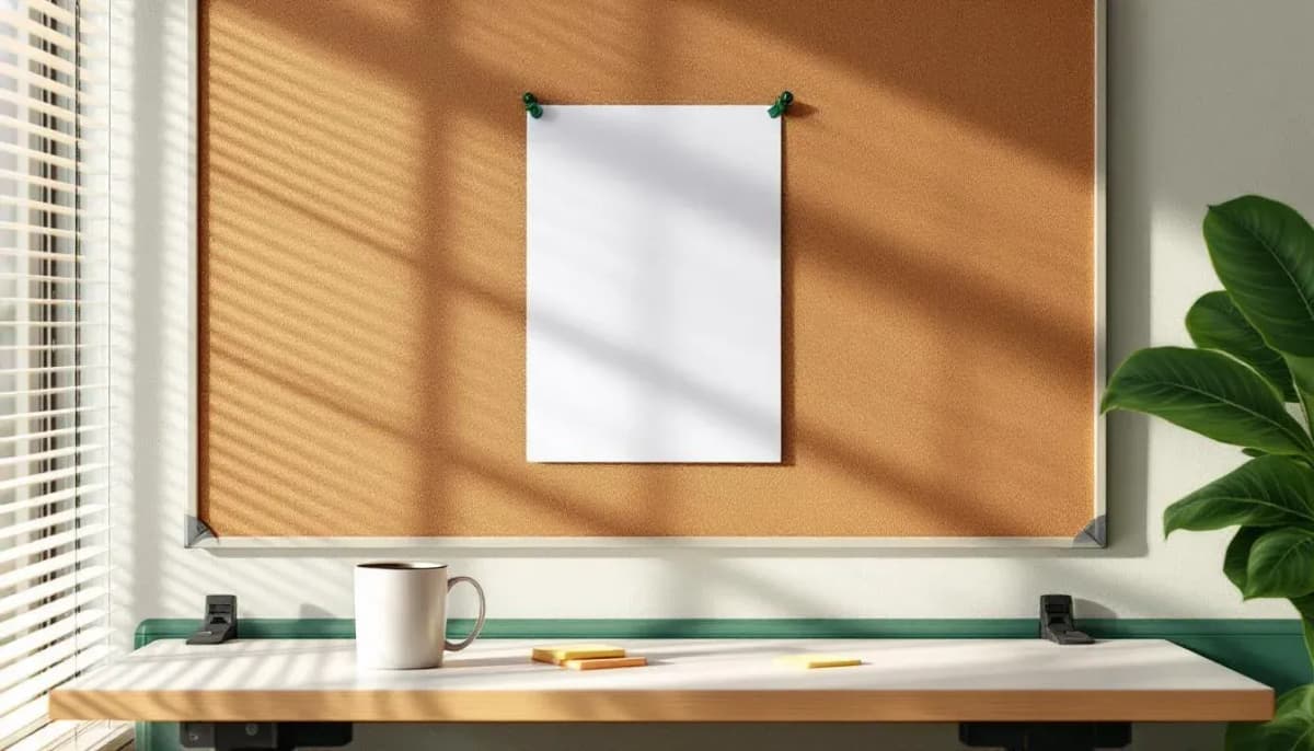 Printed task checklist pinned above a standing desk in a Sydney co-working space, afternoon light and a coffee mug visible