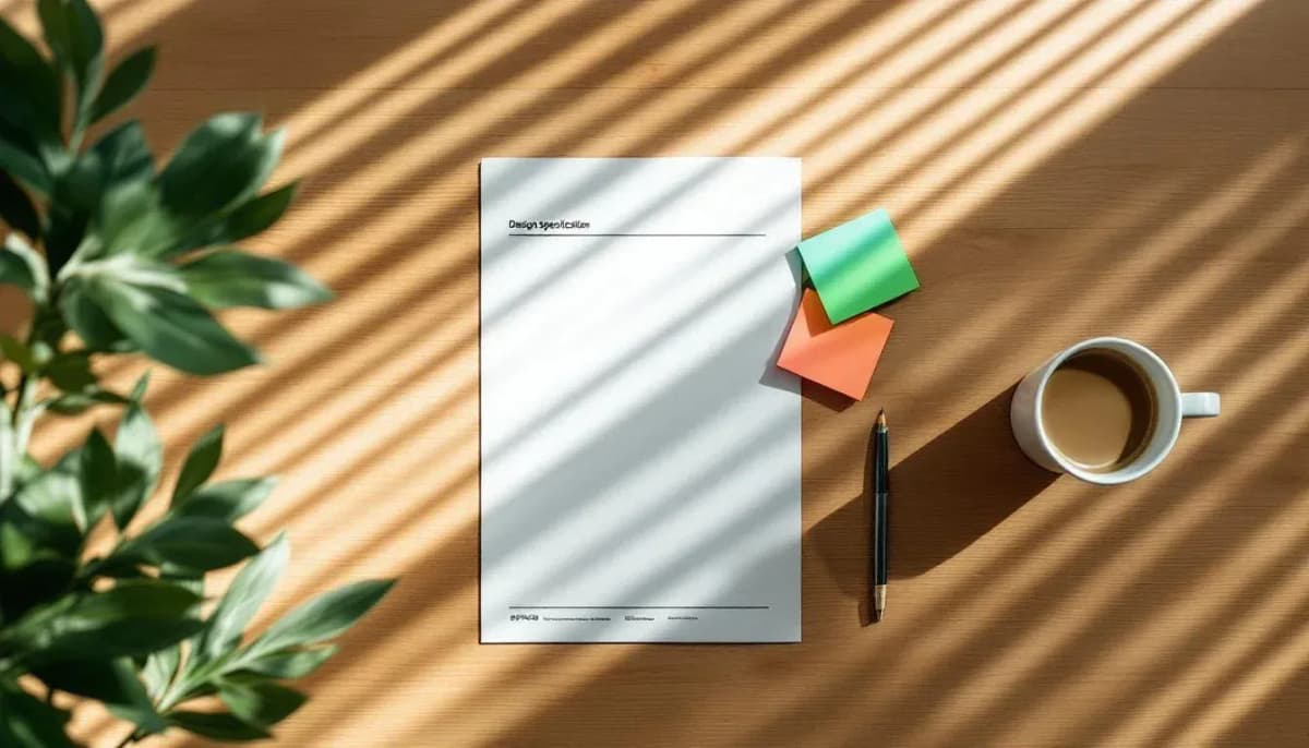 Printed design spec and sticky notes on a wooden desk in a Sydney shared workspace