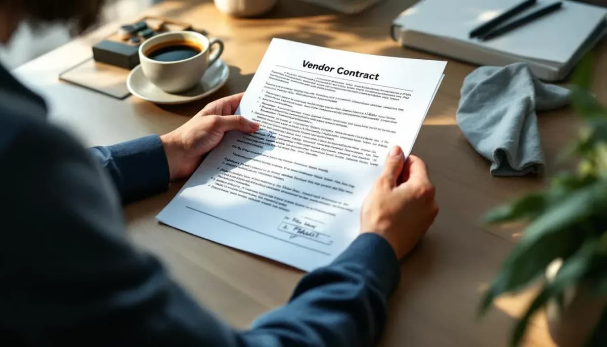 Procurement officer reviewing a printed vendor contract with handwritten notes at a Melbourne office desk
