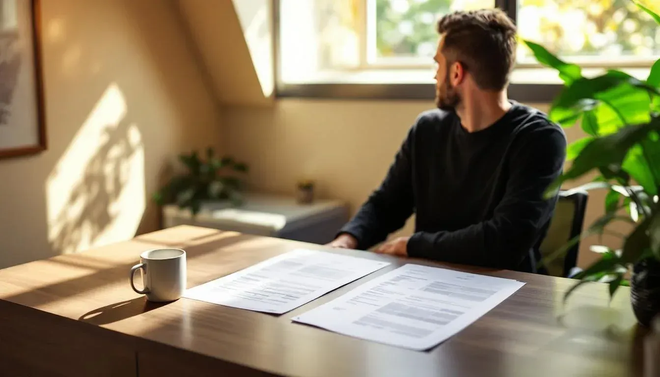 Production architect at a standing desk comparing two printed specification sheets placed side by side