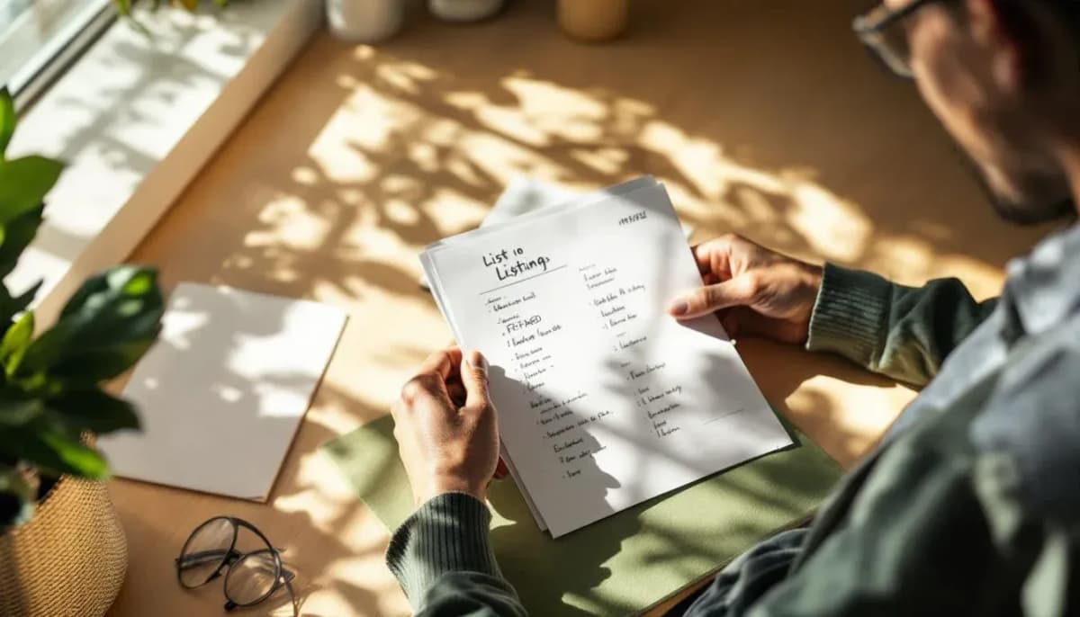 Real estate agent reviewing printed listing sheets with handwritten edits at a Sydney office desk