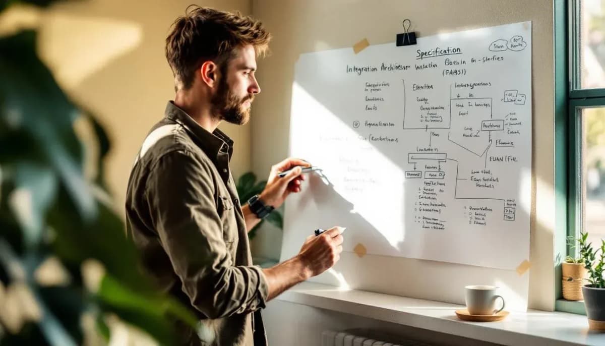 Developer standing at a whiteboard with integration architecture sketched in marker in a small Sydney office