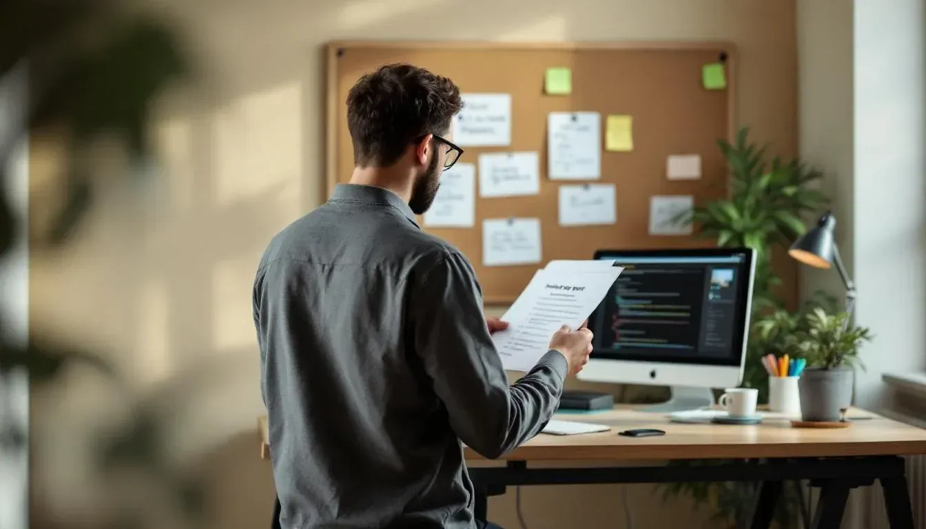 Software engineer reviewing a printed incident report at a standing desk in a Brisbane office