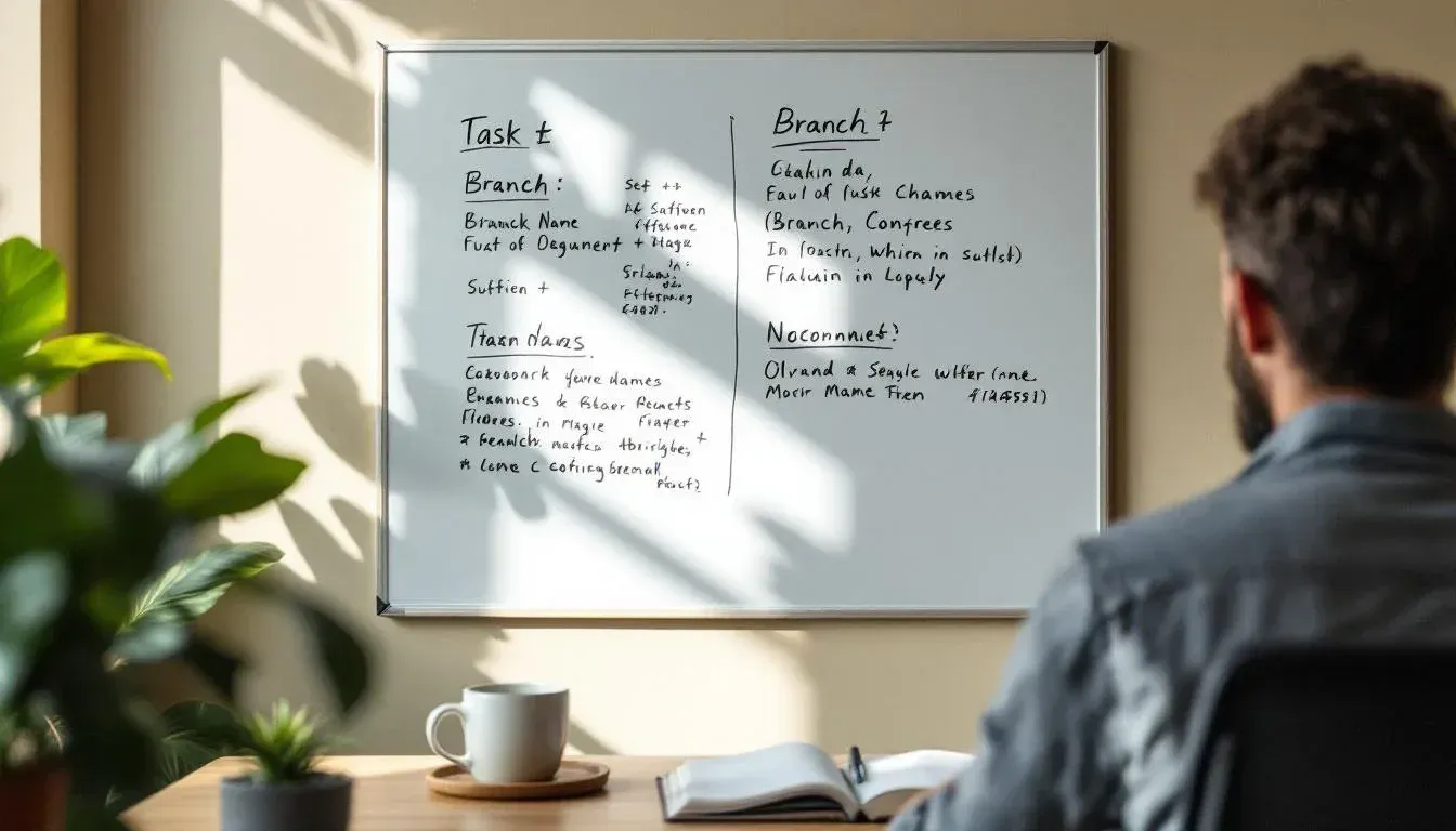 Software engineer facing a whiteboard covered in handwritten task names in a Sydney co-working office, with a coffee mug and open notebook on the desk