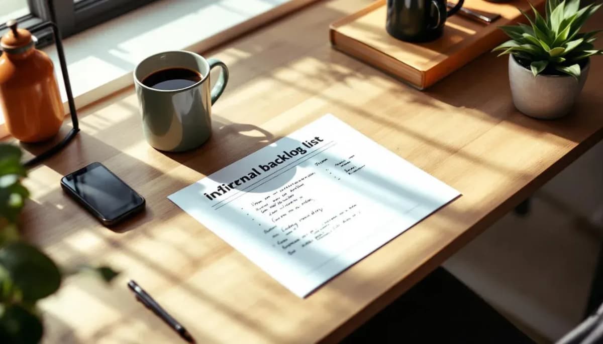 A printed internal tooling backlog with handwritten notes on a standing desk in a Sydney office