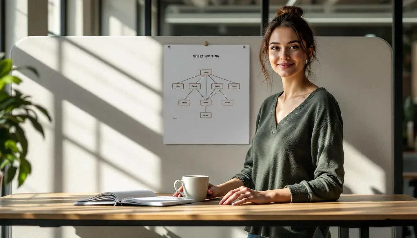 A support team lead reviewing a printed ticket routing diagram at her desk in a Sydney office