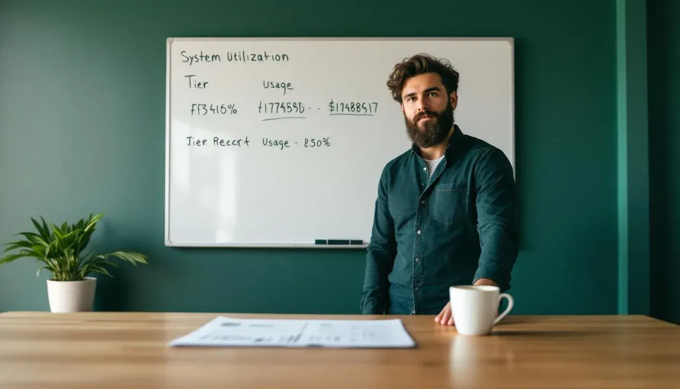 A tech lead reviewing printed API utilisation reports at a standing desk in a Sydney office