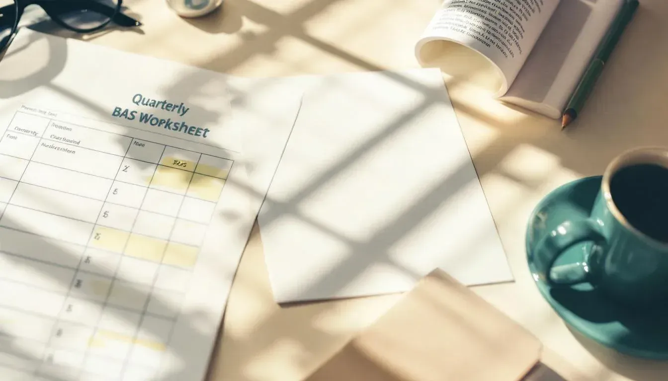 Accountant at a desk reviewing an annotated BAS worksheet with a calculator and coffee mug nearby