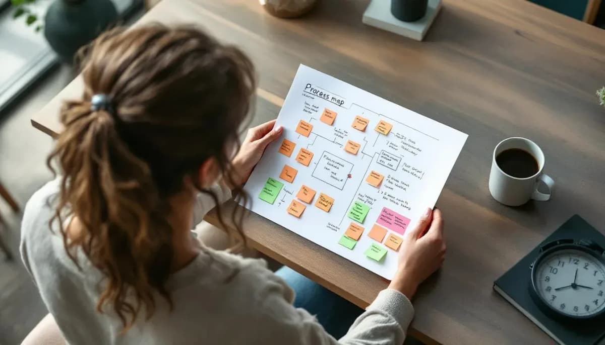 Operations manager at a Sydney office reviewing a printed process map with handwritten annotations and sticky notes