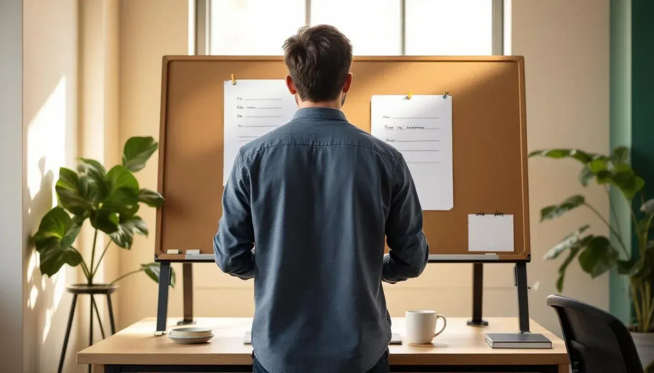 Engineer at a standing desk reviewing a printed planning sheet in a Sydney co-working space