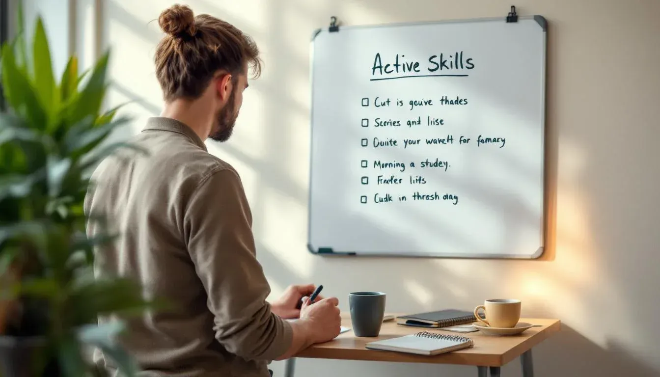 Engineer reading a handwritten whiteboard list of Active Skills in a small Sydney office