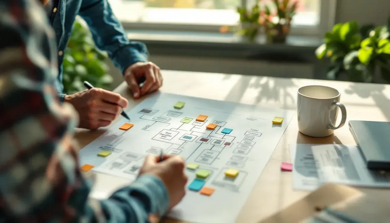 An engineering lead reviews a printed service architecture diagram with handwritten annotations at a standing desk in a Sydney office