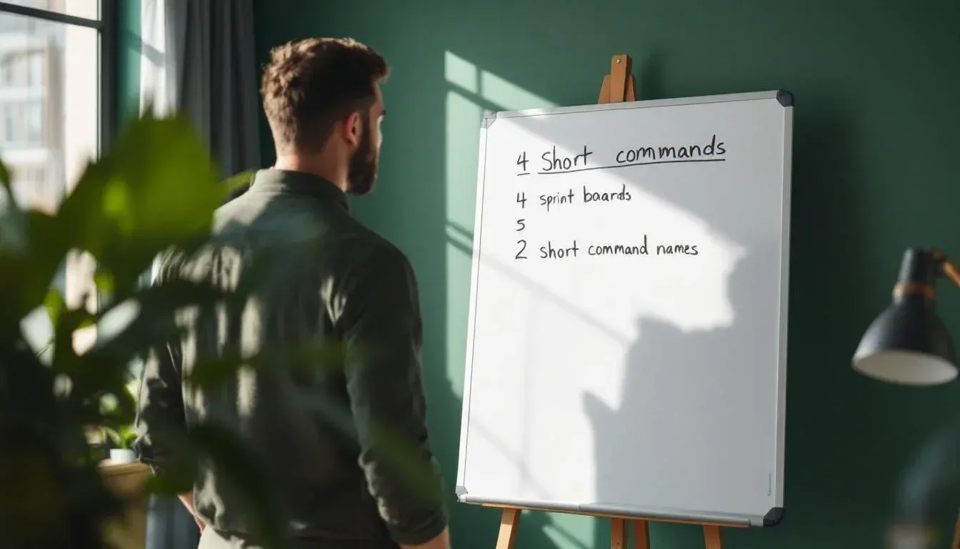Engineering lead at a whiteboard in a Sydney engineering office, with command names in marker, a printed sprint board, and a coffee mug on the desk