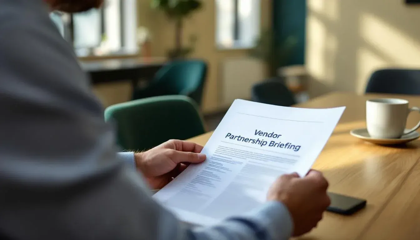 Enterprise architect reviewing printed vendor partnership documents at a meeting table in a Sydney office