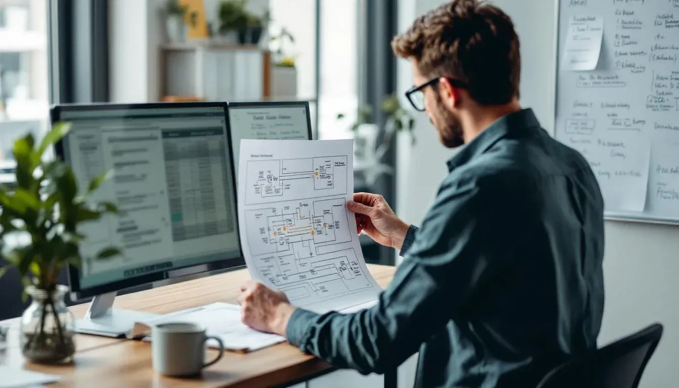 IT manager reviewing printed network diagrams at a standing desk in a Brisbane manufacturing office, whiteboard with system labels visible in background