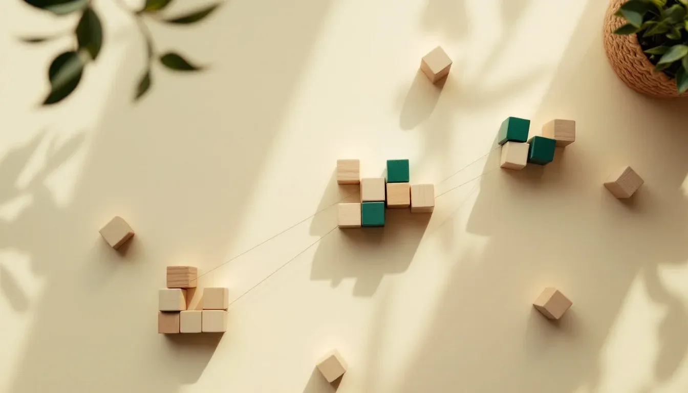 Modular wooden blocks grouped into connected clusters on a cream desk, illustrating modular skill architecture