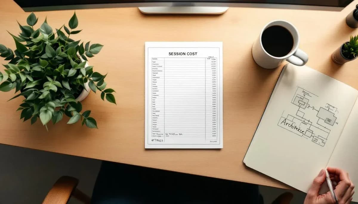 Overhead flat-lay of a printed session cost spreadsheet and hand-drawn architecture diagram on a Sydney developer's desk