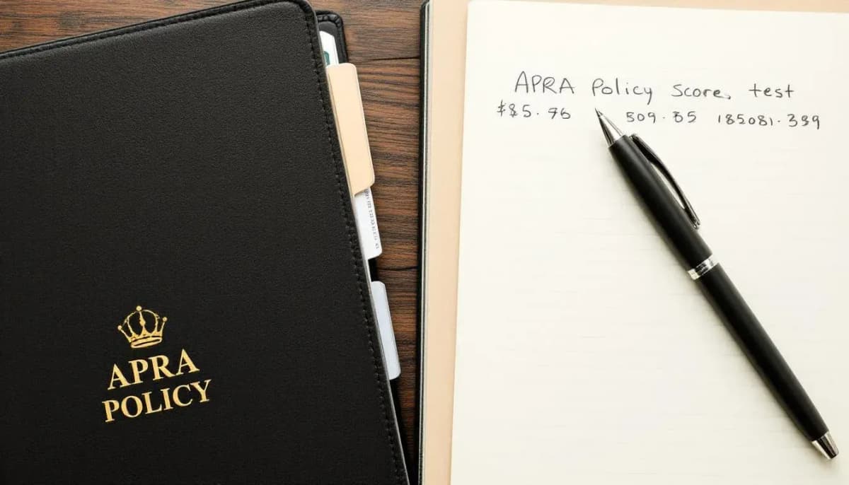 Overhead view of a highlighted APRA policy binder, a notebook with handwritten notes, and a ballpoint pen on a wooden desk