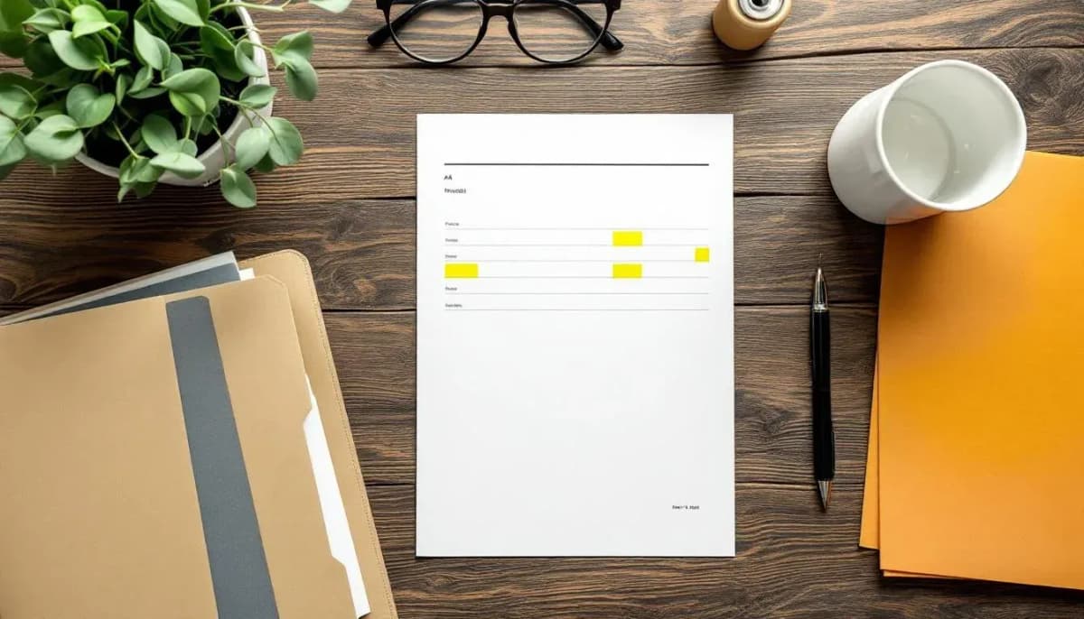 Overhead flat-lay of a printed financial model highlighted in yellow next to an open case folder, a pen, and an empty coffee cup on a wooden desk