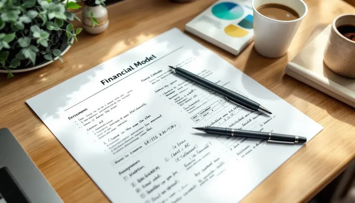 Overhead view of a printed financial model with handwritten notes, a pen, and a takeaway coffee cup on a wooden desk