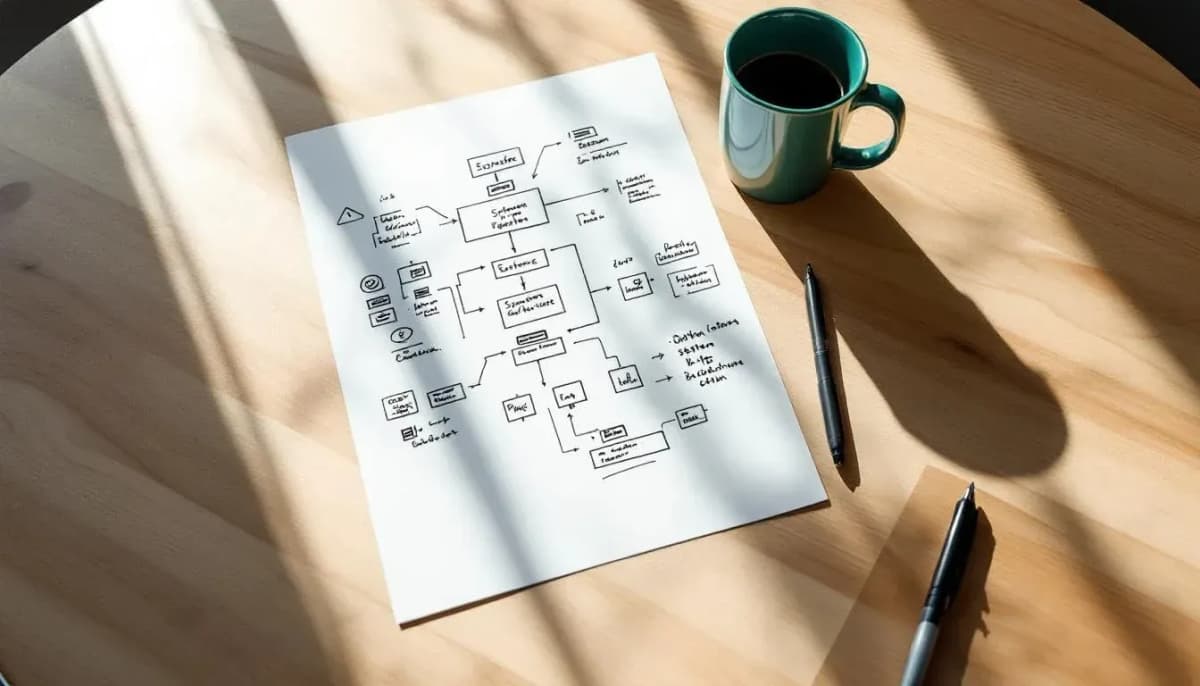 A printed agent architecture diagram with handwritten notes beside two coffee mugs on a wooden meeting-room table