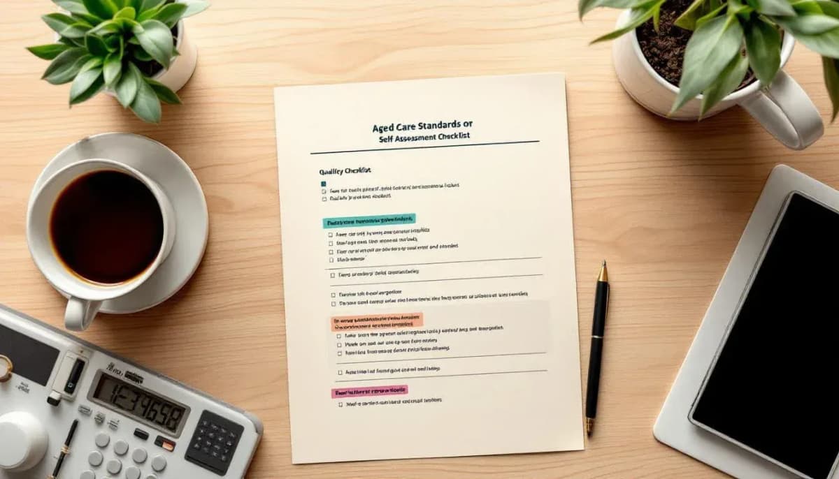 Overhead view of a printed aged care quality standards checklist with highlighted sections and a black pen on a wooden table